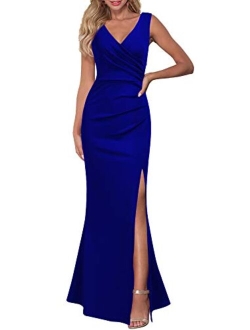 Sleeveless V Neck Side Slit Evening Cocktail Long Dress