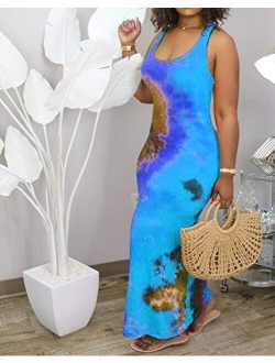 Womens Tie Dye Maxi Dresses - Sleeveless Casual Sexy Vintage Floral Summer Boho Bodycon Long Dress Plus Size Sundresses