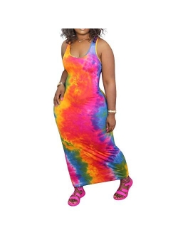 Womens Tie Dye Maxi Dresses - Sleeveless Casual Sexy Vintage Floral Summer Boho Bodycon Long Dress Plus Size Sundresses