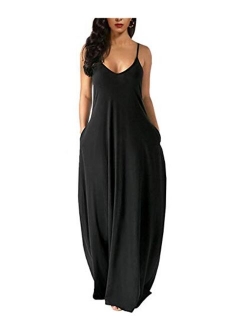 Wolddress Womens Casual Sleeveless Plus Size Loose Plain Long Maxi Dress with Pocket