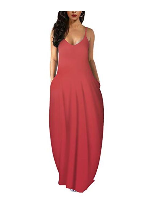 Wolddress Womens Casual Sleeveless Plus Size Loose Plain Long Maxi Dress with Pocket