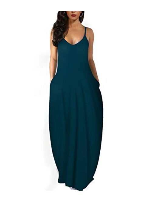 Wolddress Womens Casual Sleeveless Plus Size Loose Plain Long Maxi Dress with Pocket