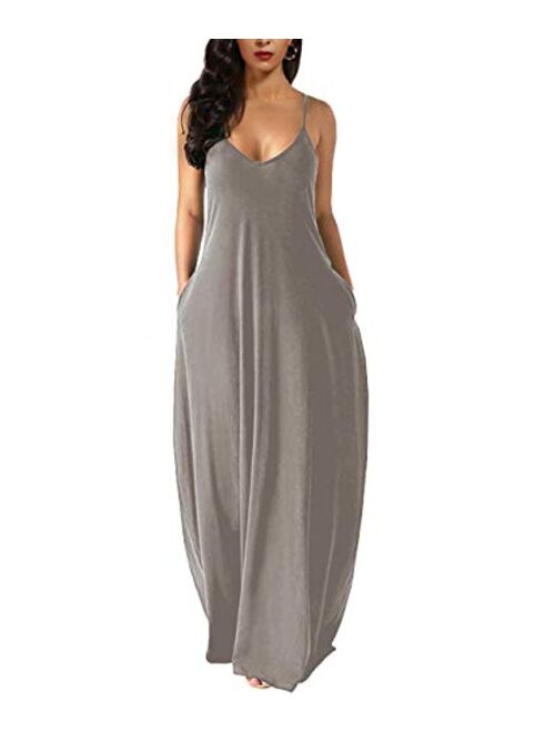 Wolddress Womens Casual Sleeveless Plus Size Loose Plain Long Maxi Dress with Pocket