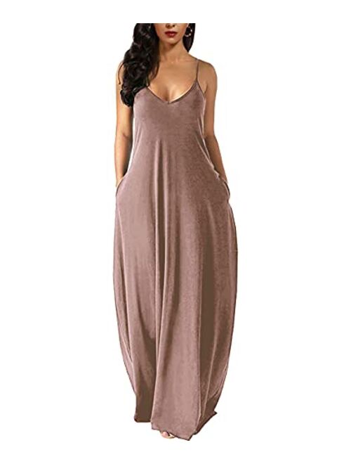 Wolddress Womens Casual Sleeveless Plus Size Loose Plain Long Maxi Dress with Pocket