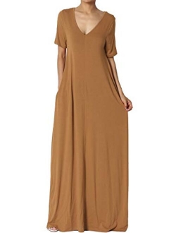 S~3X Casual V-Neck Short Sleeve Loose Fit Long Maxi Dress with Pockets