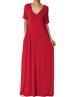 S~3X Casual V-Neck Short Sleeve Loose Fit Long Maxi Dress with Pockets