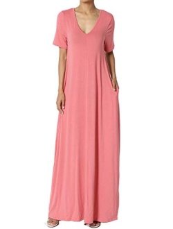 S~3X Casual V-Neck Short Sleeve Loose Fit Long Maxi Dress with Pockets