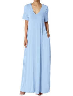 S~3X Casual V-Neck Short Sleeve Loose Fit Long Maxi Dress with Pockets