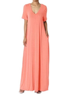 S~3X Casual V-Neck Short Sleeve Loose Fit Long Maxi Dress with Pockets