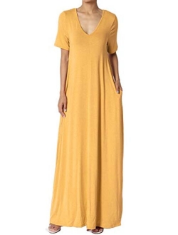 S~3X Casual V-Neck Short Sleeve Loose Fit Long Maxi Dress with Pockets