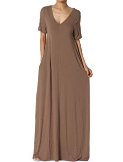 S~3X Casual V-Neck Short Sleeve Loose Fit Long Maxi Dress with Pockets