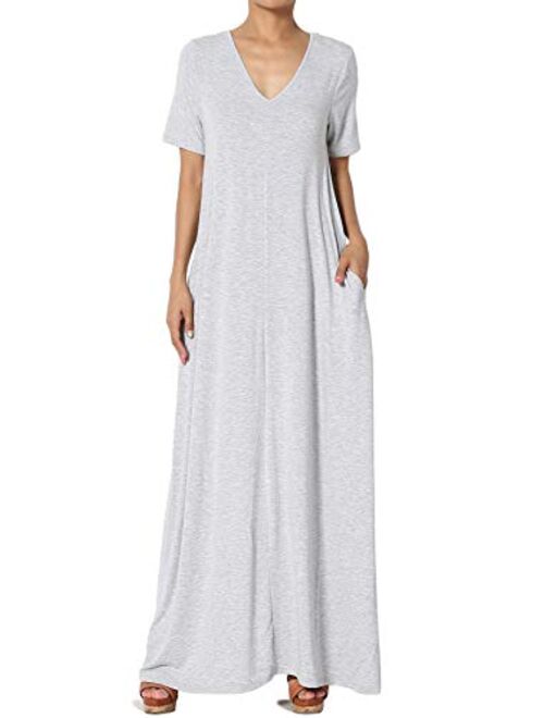 TheMogan S~3X Casual V-Neck Short Sleeve Loose Fit Long Maxi Dress with Pockets