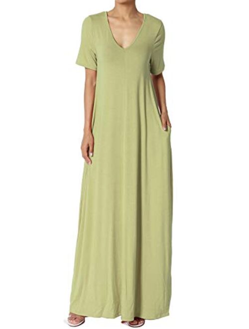 TheMogan S~3X Casual V-Neck Short Sleeve Loose Fit Long Maxi Dress with Pockets