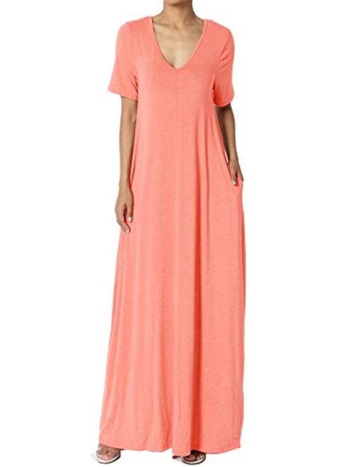 TheMogan S~3X Casual V-Neck Short Sleeve Loose Fit Long Maxi Dress with Pockets