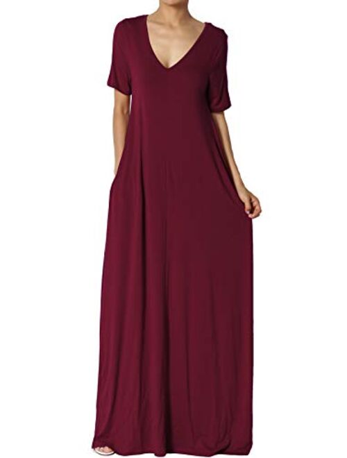 TheMogan S~3X Casual V-Neck Short Sleeve Loose Fit Long Maxi Dress with Pockets