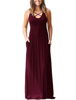 INFITTY Womens Casual Summer Dresses Sleeveless Racerback Loose Plain Flowy Long Maxi Dress with Pockets