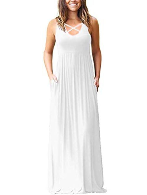 INFITTY Womens Casual Summer Dresses Sleeveless Racerback Loose Plain Flowy Long Maxi Dress with Pockets