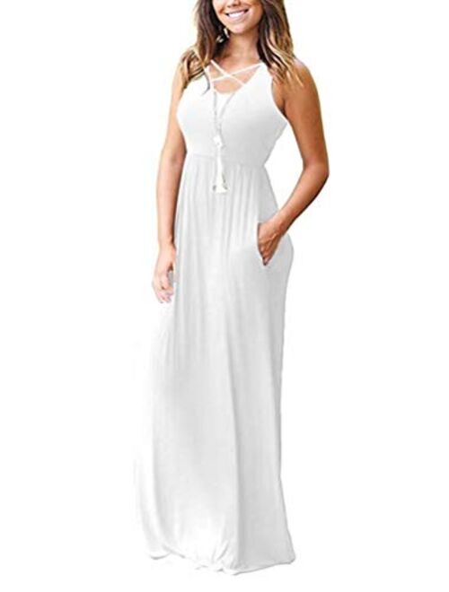 INFITTY Womens Casual Summer Dresses Sleeveless Racerback Loose Plain Flowy Long Maxi Dress with Pockets