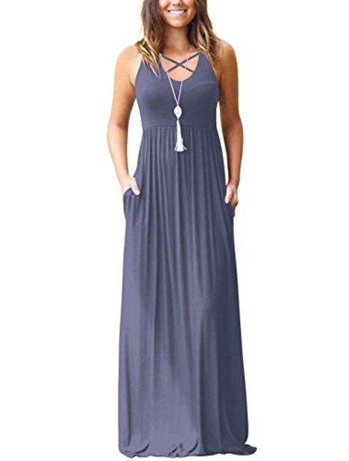 INFITTY Womens Casual Summer Dresses Sleeveless Racerback Loose Plain Flowy Long Maxi Dress with Pockets