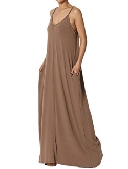 Casual Beach V-Neck Draped Soft Jersey Cami Long Maxi Dress with Pocket