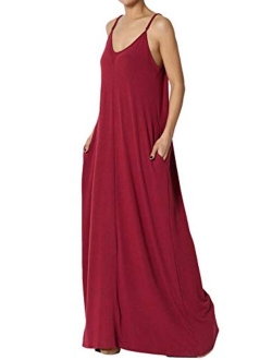 Casual Beach V-Neck Draped Soft Jersey Cami Long Maxi Dress with Pocket