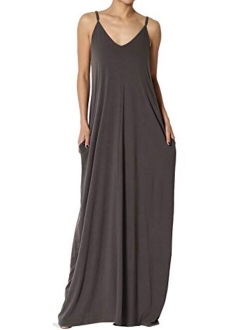 Casual Beach V-Neck Draped Soft Jersey Cami Long Maxi Dress with Pocket