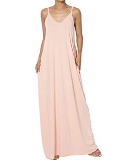 Casual Beach V-Neck Draped Soft Jersey Cami Long Maxi Dress with Pocket