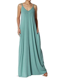 Casual Beach V-Neck Draped Soft Jersey Cami Long Maxi Dress with Pocket