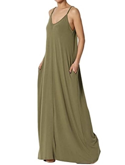 Casual Beach V-Neck Draped Soft Jersey Cami Long Maxi Dress with Pocket