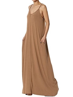 Casual Beach V-Neck Draped Soft Jersey Cami Long Maxi Dress with Pocket