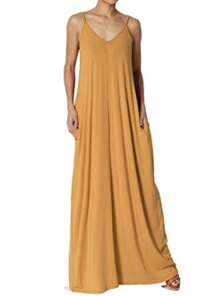 Casual Beach V-Neck Draped Soft Jersey Cami Long Maxi Dress with Pocket