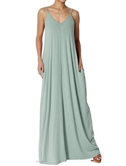 Casual Beach V-Neck Draped Soft Jersey Cami Long Maxi Dress with Pocket