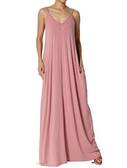 Casual Beach V-Neck Draped Soft Jersey Cami Long Maxi Dress with Pocket