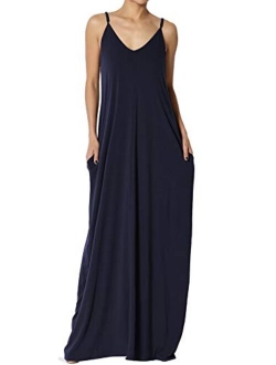 Casual Beach V-Neck Draped Soft Jersey Cami Long Maxi Dress with Pocket