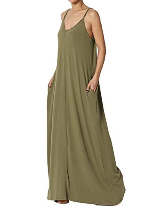 TheMogan Casual Beach V-Neck Draped Soft Jersey Cami Long Maxi Dress with Pocket