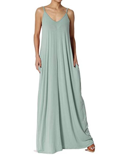 TheMogan Casual Beach V-Neck Draped Soft Jersey Cami Long Maxi Dress with Pocket