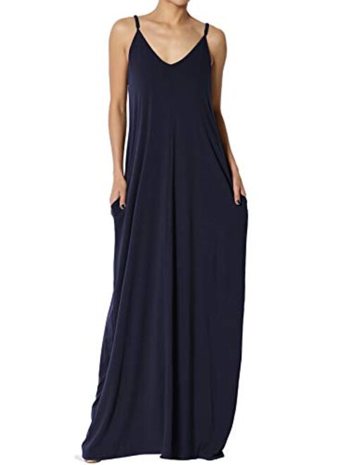 TheMogan Casual Beach V-Neck Draped Soft Jersey Cami Long Maxi Dress with Pocket