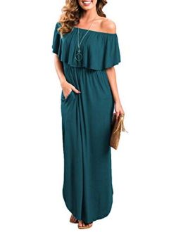 Sarin Mathews Womens Off The Shoulder Ruffle Party Dress Casual Side Split Beach Long Maxi Dresses with Pockets