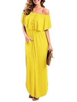 Sarin Mathews Womens Off The Shoulder Ruffle Party Dress Casual Side Split Beach Long Maxi Dresses with Pockets