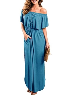 Sarin Mathews Womens Off The Shoulder Ruffle Party Dress Casual Side Split Beach Long Maxi Dresses with Pockets