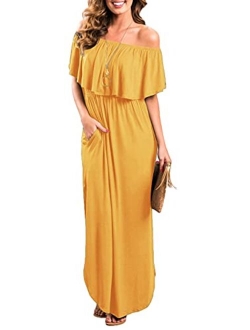 Sarin Mathews Womens Off The Shoulder Ruffle Party Dress Casual Side Split Beach Long Maxi Dresses with Pockets