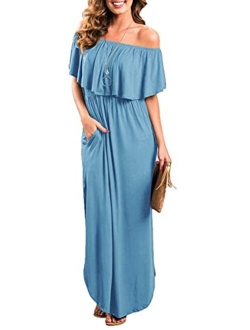 Sarin Mathews Womens Off The Shoulder Ruffle Party Dress Casual Side Split Beach Long Maxi Dresses with Pockets