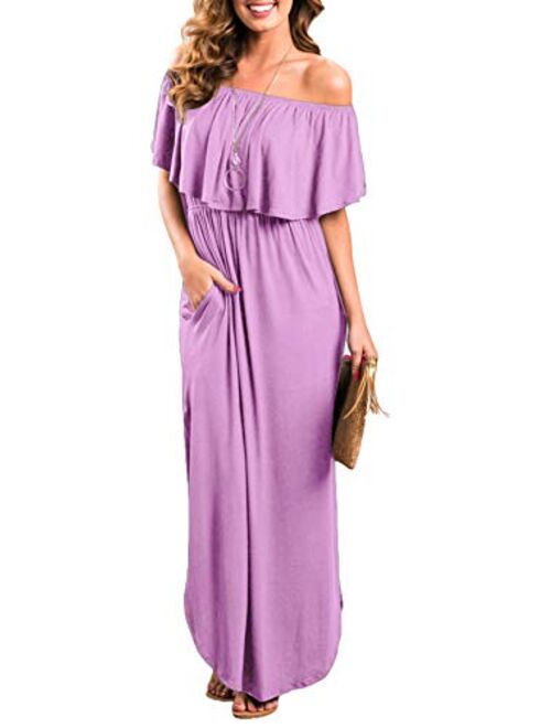 Sarin Mathews Womens Off The Shoulder Ruffle Party Dress Casual Side Split Beach Long Maxi Dresses with Pockets