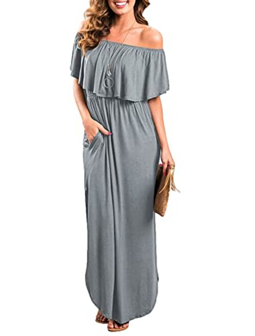 Sarin Mathews Womens Off The Shoulder Ruffle Party Dress Casual Side Split Beach Long Maxi Dresses with Pockets