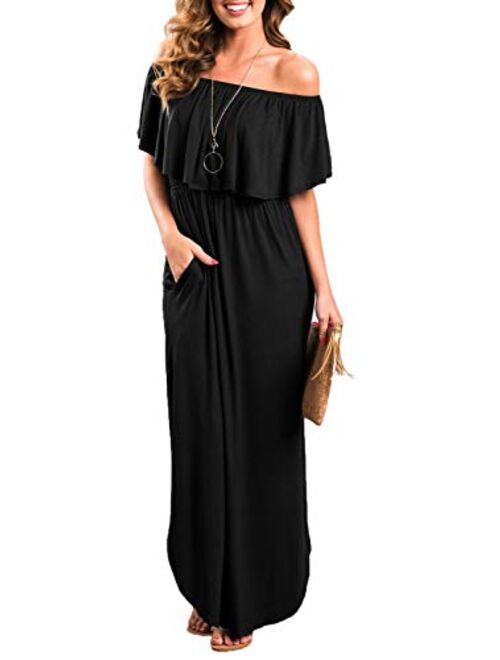 Sarin Mathews Womens Off The Shoulder Ruffle Party Dress Casual Side Split Beach Long Maxi Dresses with Pockets