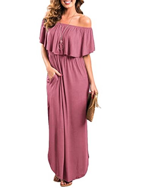 Sarin Mathews Womens Off The Shoulder Ruffle Party Dress Casual Side Split Beach Long Maxi Dresses with Pockets