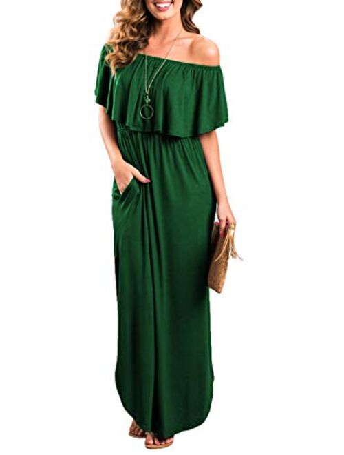 Sarin Mathews Womens Off The Shoulder Ruffle Party Dress Casual Side Split Beach Long Maxi Dresses with Pockets