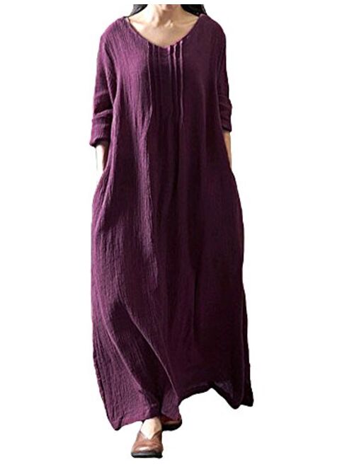 Romacci Women's Casual Loose Maxi Long Dress Vintage Long Sleeve Cotton Dress