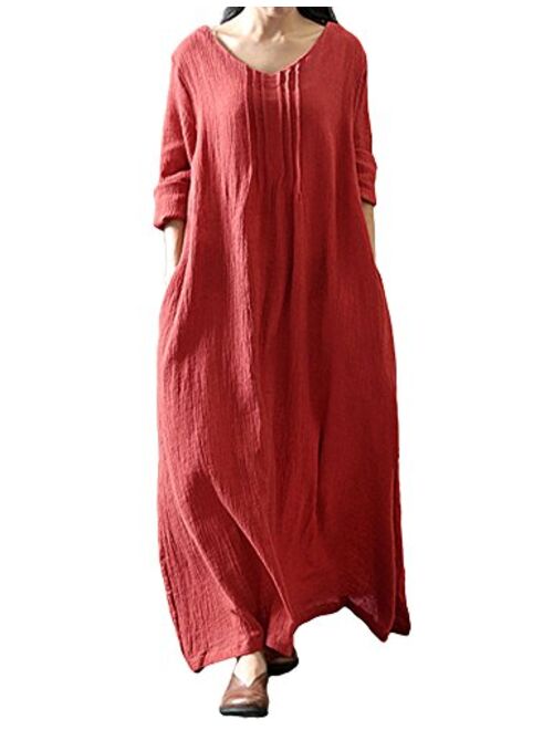 Romacci Women's Casual Loose Maxi Long Dress Vintage Long Sleeve Cotton Dress