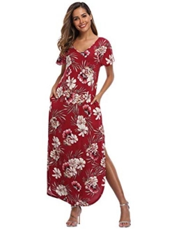 VEW Store Women's Maxi Dress Floral Printed Long Casual Beach Party Dress with Pocket